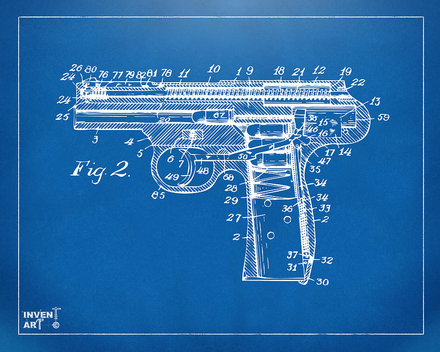 1911 Automatic Firearm Patent Minimal - Blueprint Digital Art by Nikki Marie Smith