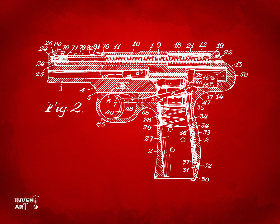 Vintage Digital Art - 1911 Automatic Firearm Patent Minimal - Red by Nikki Marie Smith