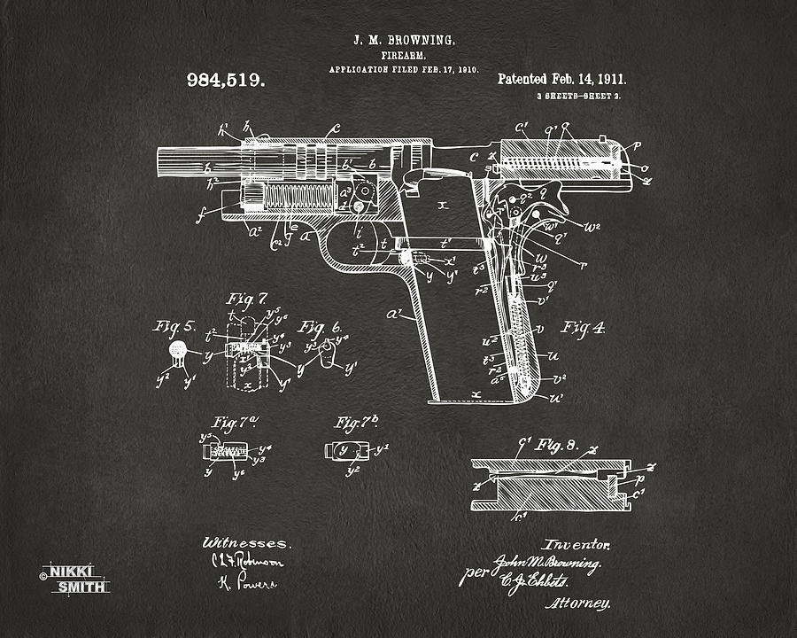 1911 Colt 45 Browning Firearm Patent 2 Artwork - Gray Digital Art by Nikki Marie Smith