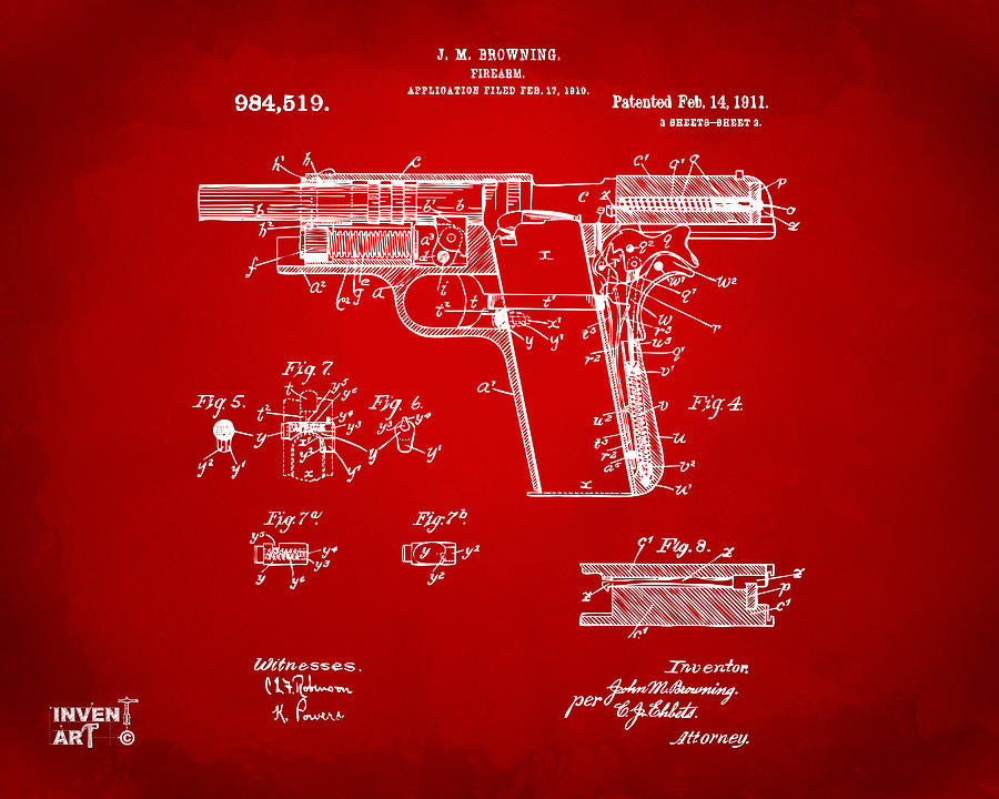 1911 Colt 45 Browning Firearm Patent 2 Artwork Red Digital Art by Nikki Marie Smith