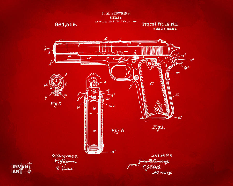 Vintage Digital Art - 1911 Colt 45 Browning Firearm Patent Artwork Red by Nikki Marie Smith