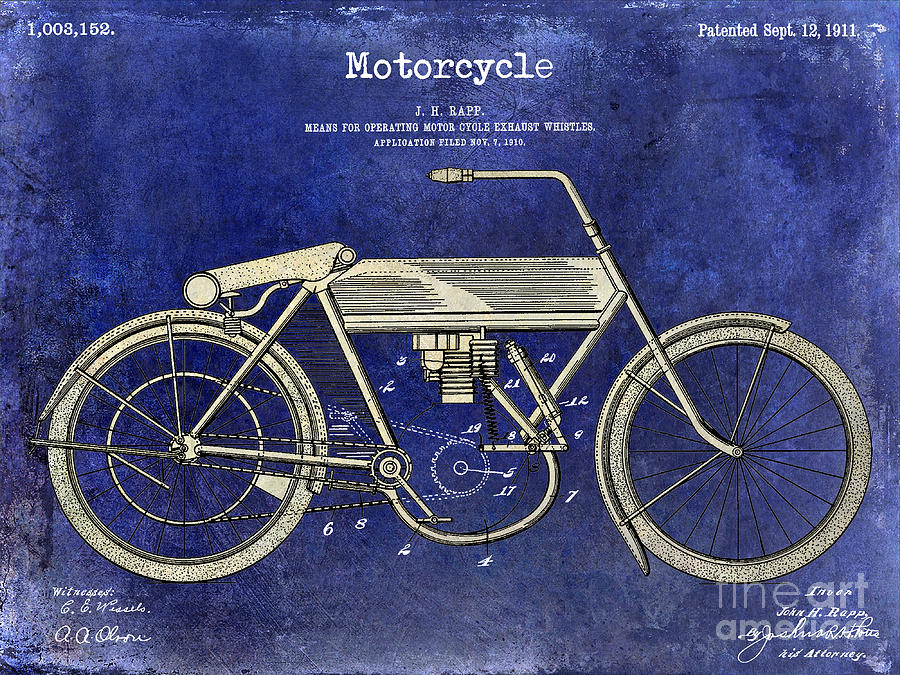 1911 Motorcycle Patent Drawing 2 Tone Blue Photograph by Jon Neidert