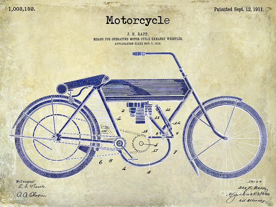 1911 Motorcycle Patent Drawing 2 Tone  Photograph by Jon Neidert