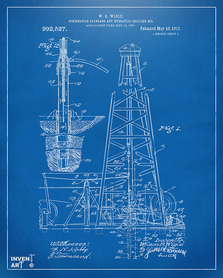 1911 Oil Drilling Rig Patent Artwork - Blueprint Digital Art by Nikki Marie Smith