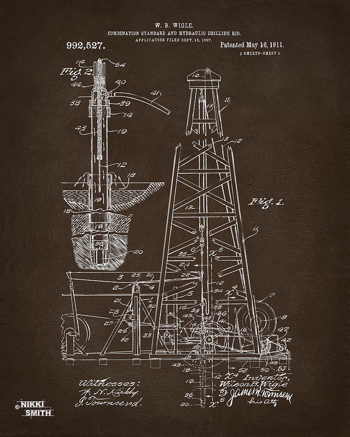 1911 Oil Drilling Rig Patent Artwork - Espresso Digital Art by Nikki Marie Smith