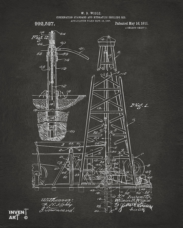 1911 Oil Drilling Rig Patent Artwork - Gray Digital Art by Nikki Marie Smith