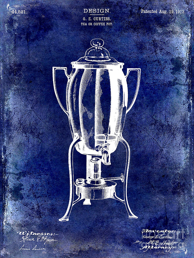 Coffee Photograph - 1913 Coffee Pot Patent Drawing Blue by Jon Neidert