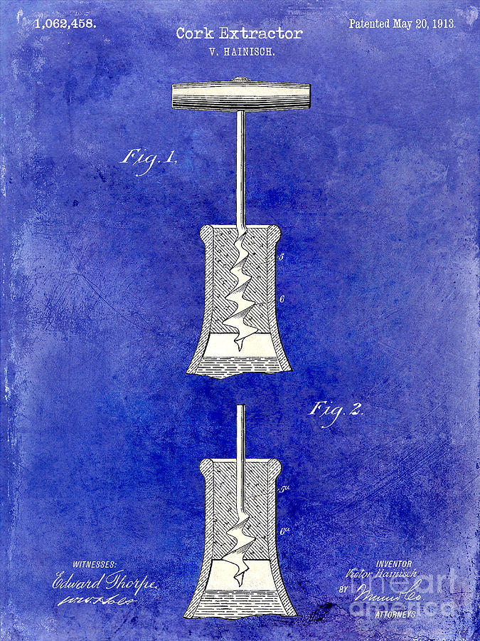 Vintage Photograph - 1913 Cork Extractor Patent Drawing 2 Tone Blue by Jon Neidert