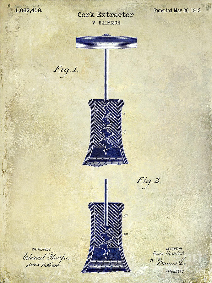 Vintage Photograph - 1913 Cork Extractor Patent Drawing 2 Tone by Jon Neidert