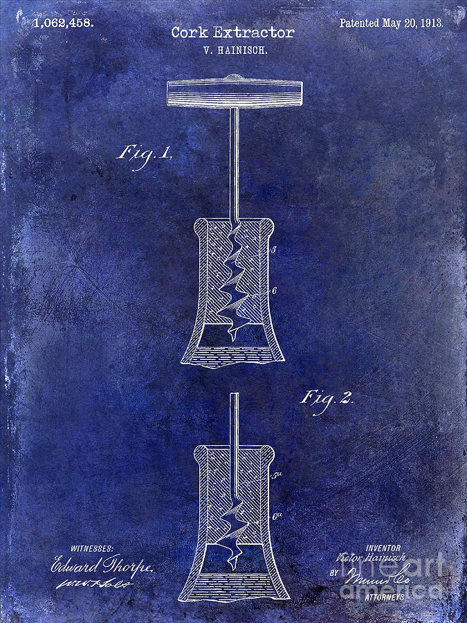 Vintage Photograph - 1913 Cork Extractor Patent Drawing Blue by Jon Neidert