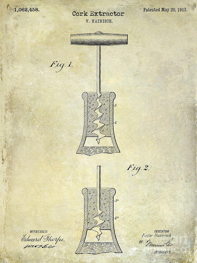 1913 Cork Extractor Patent Drawing  Photograph by Jon Neidert
