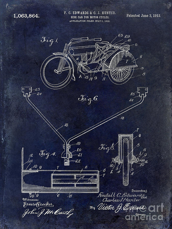 1913 Motorcycle Patent Drawing Blue Photograph by Jon Neidert