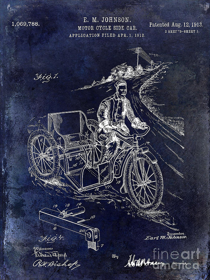 1913 Motorcycle Side Car Patent Blue Photograph by Jon Neidert
