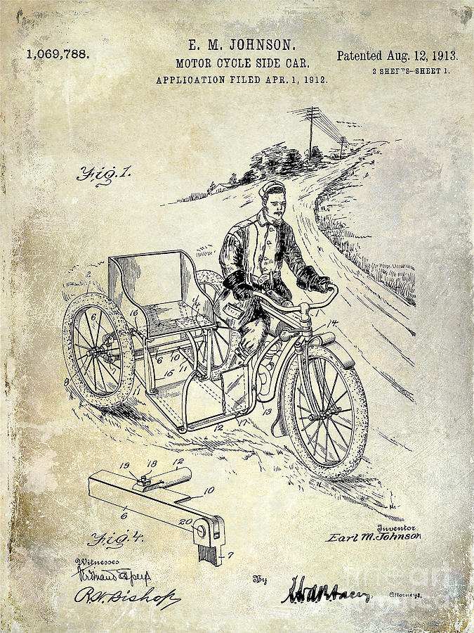 1913 Motorcycle Side Car Patent Photograph by Jon Neidert