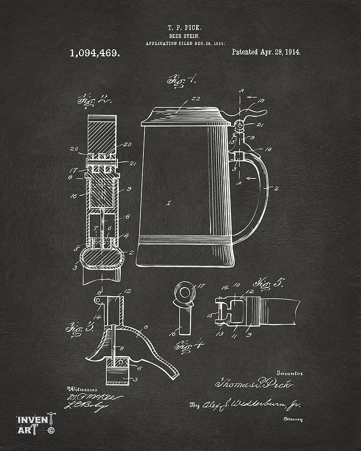Beer Digital Art - 1914 Beer Stein Patent Artwork - Gray by Nikki Marie Smith