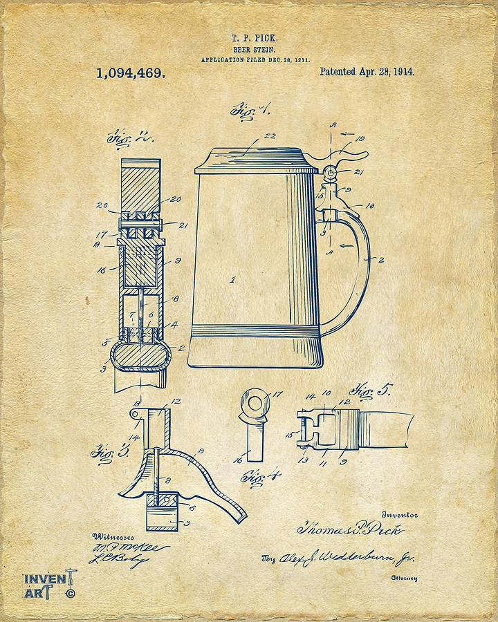 Beer Digital Art - 1914 Beer Stein Patent Artwork - Vintage by Nikki Marie Smith