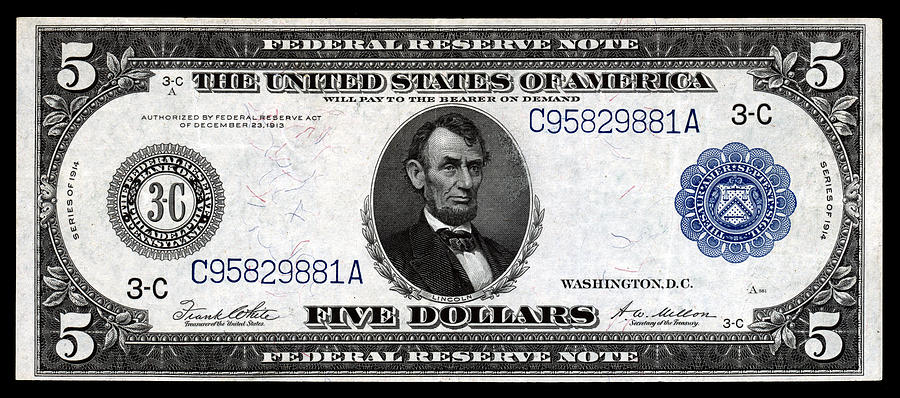 1914 Five Dollar Federal Reserve Note Painting by Historic Image