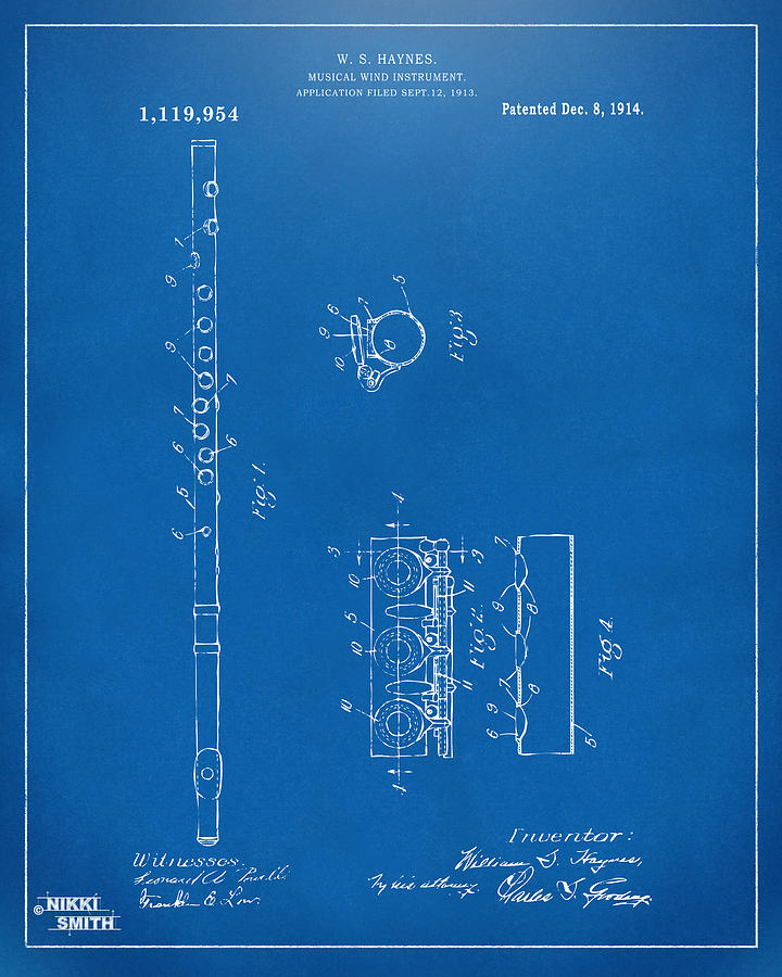 Vintage Digital Art - 1914 Flute Patent - Blueprint by Nikki Marie Smith