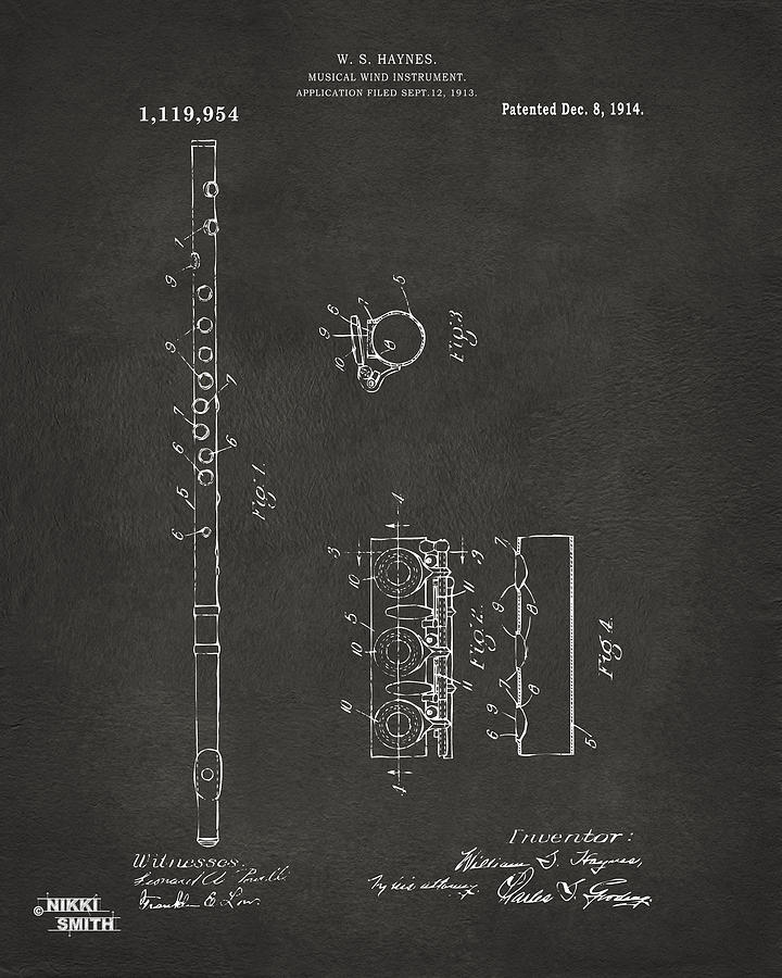 Vintage Digital Art - 1914 Flute Patent - Gray by Nikki Marie Smith