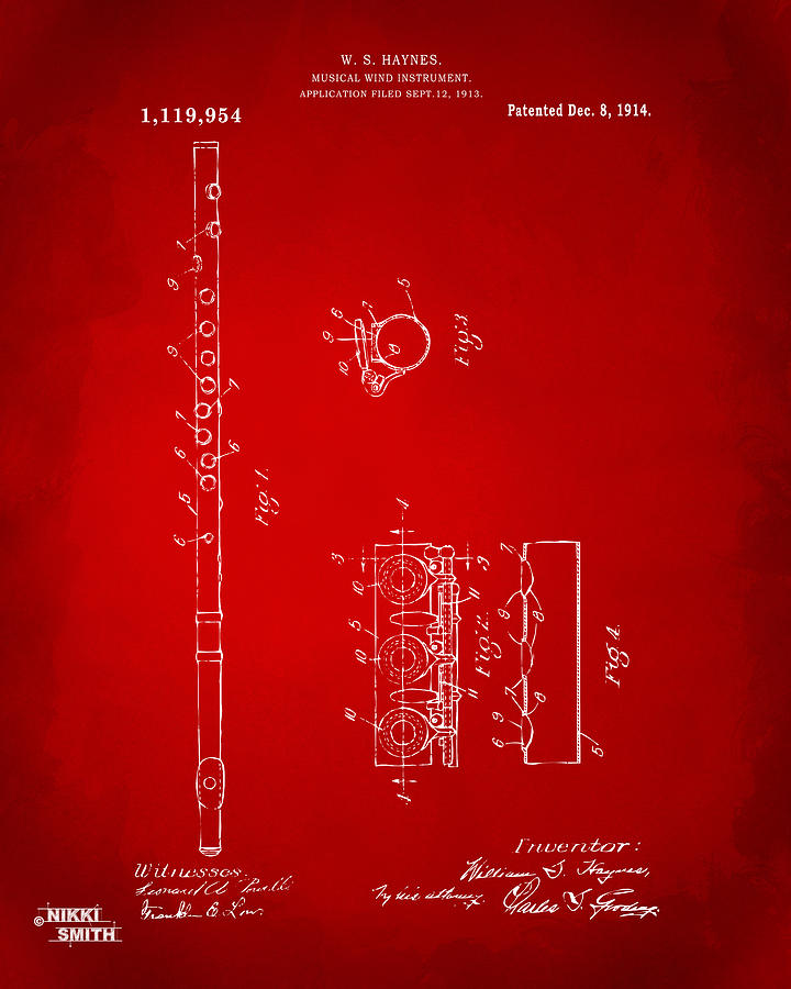 Vintage Digital Art - 1914 Flute Patent - Red by Nikki Marie Smith
