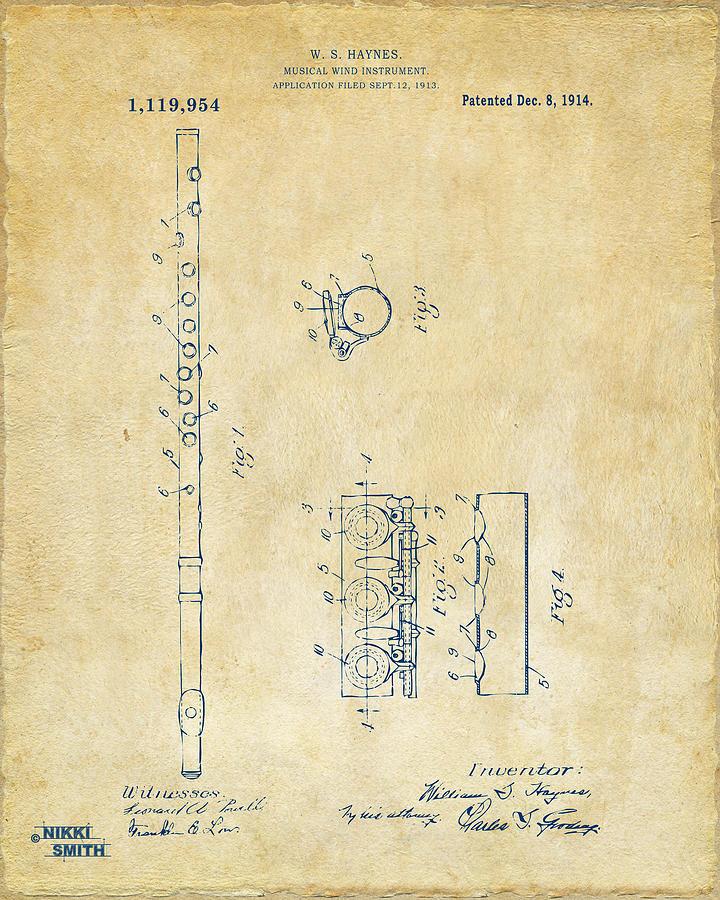 Vintage Digital Art - 1914 Flute Patent - Vintage by Nikki Marie Smith