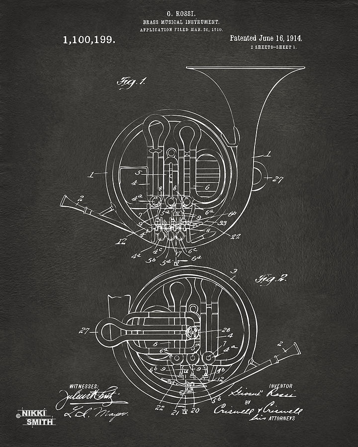 1914 French Horn Patent Art - Gray Digital Art by Nikki Marie Smith