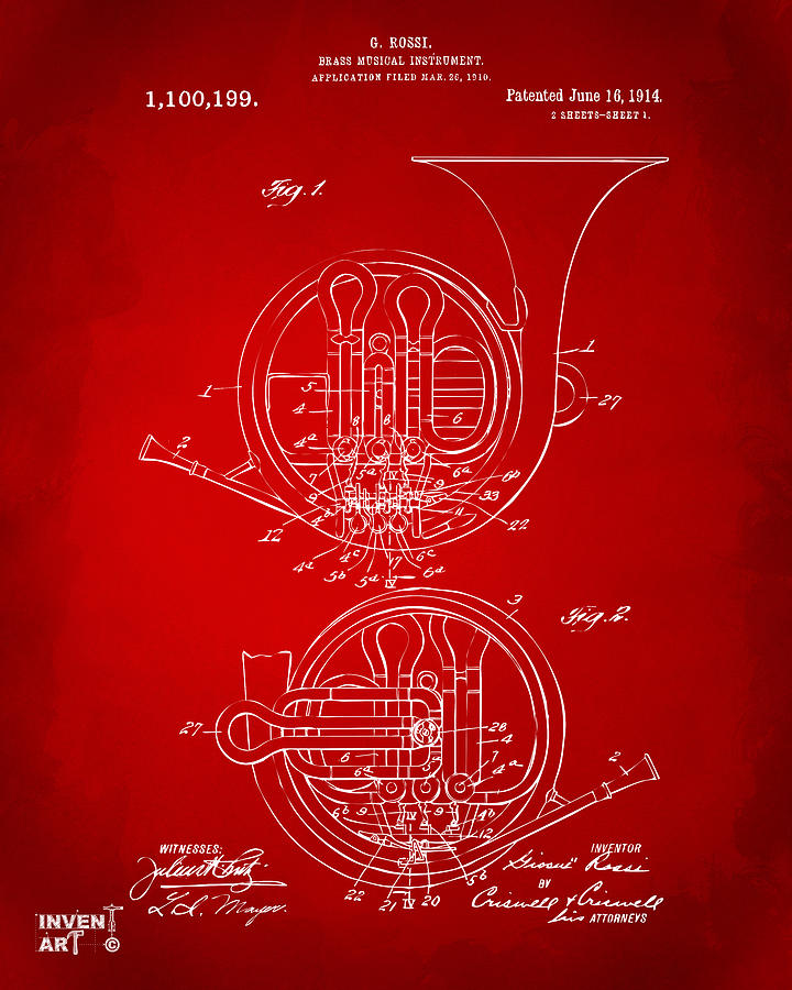 1914 French Horn Patent Art Red Digital Art by Nikki Marie Smith