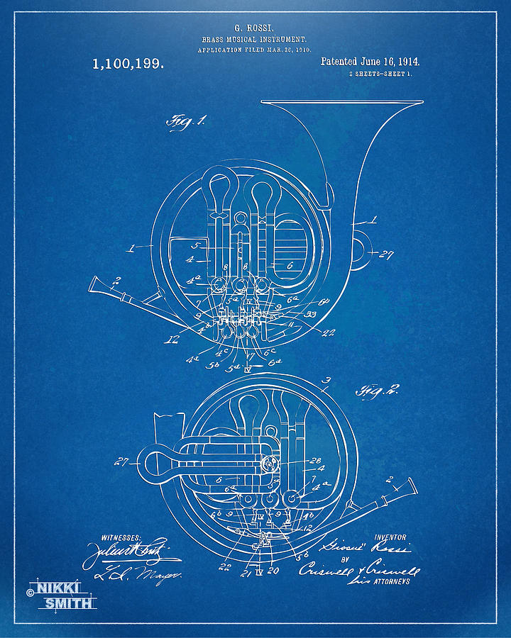 1914 French Horn Patent Blueprint Digital Art by Nikki Marie Smith