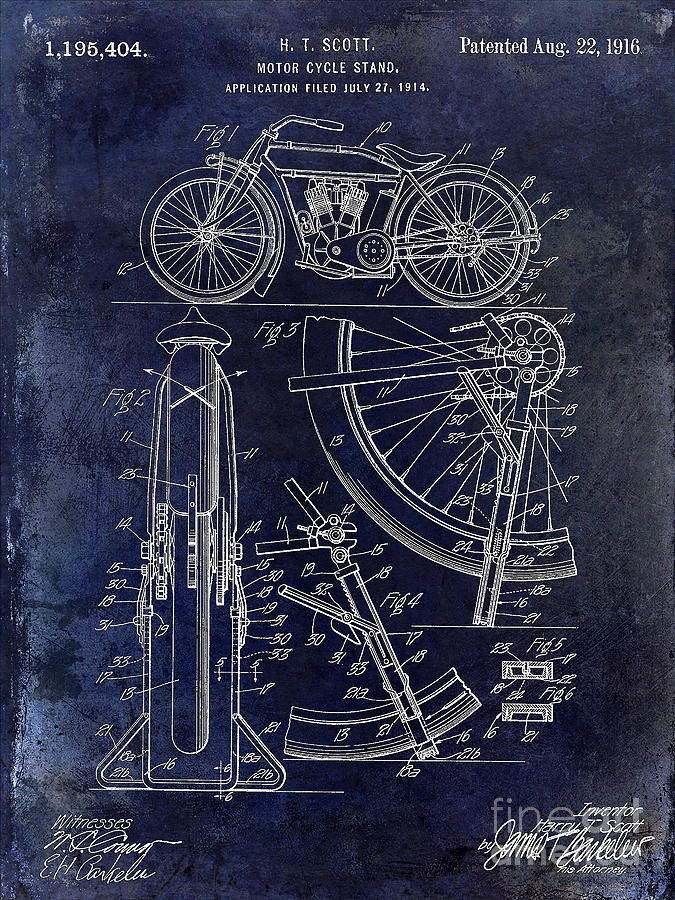 1916 Motorcycle Patent Drawing Blue Photograph by Jon Neidert