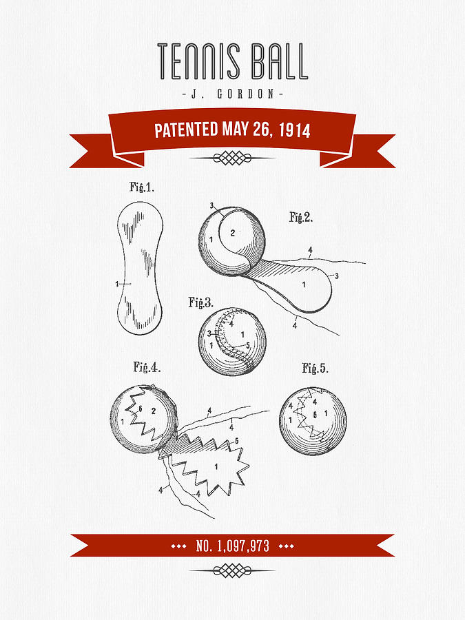 Tennis Digital Art - 1914 Tennis Ball Patent Drawing - Retro Red by Aged Pixel