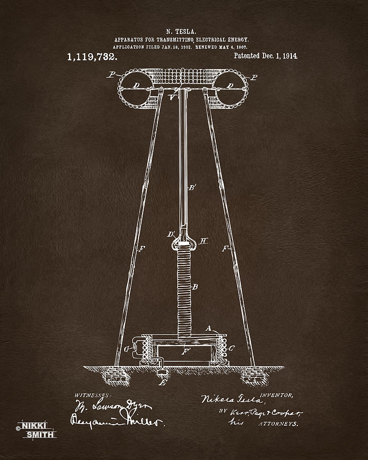 1914 Tesla Transmitter Patent Artwork Espresso Digital Art by Nikki Marie Smith