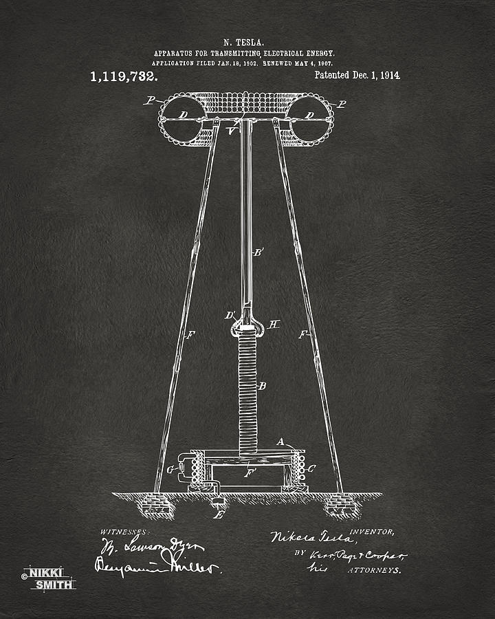 1914 Tesla Transmitter Patent Artwork - Gray Digital Art by Nikki Marie Smith