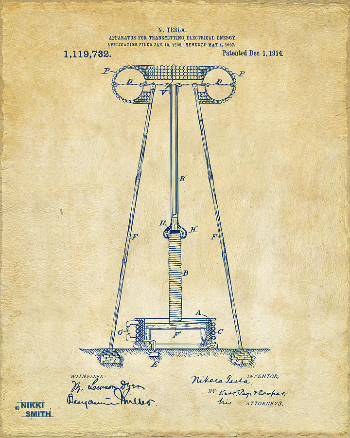 1914 Tesla Transmitter Patent Artwork - Vintage Digital Art by Nikki Marie Smith