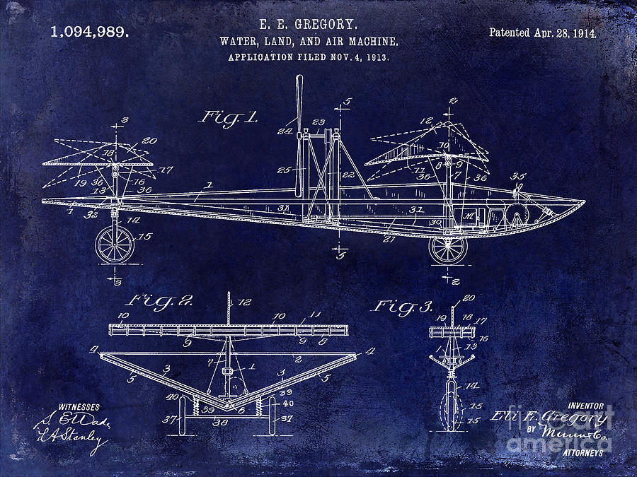 Airplane Photograph - 1914 Water Land and Air Machine Patent Blue by Jon Neidert