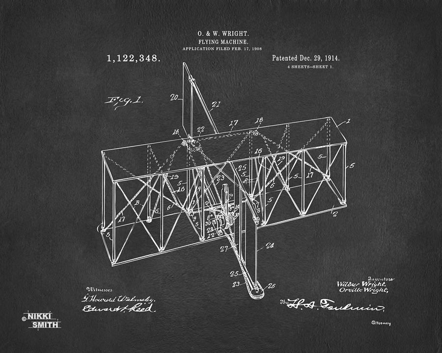1914 Wright Brothers Flying Machine Patent Gray Digital Art by Nikki Marie Smith