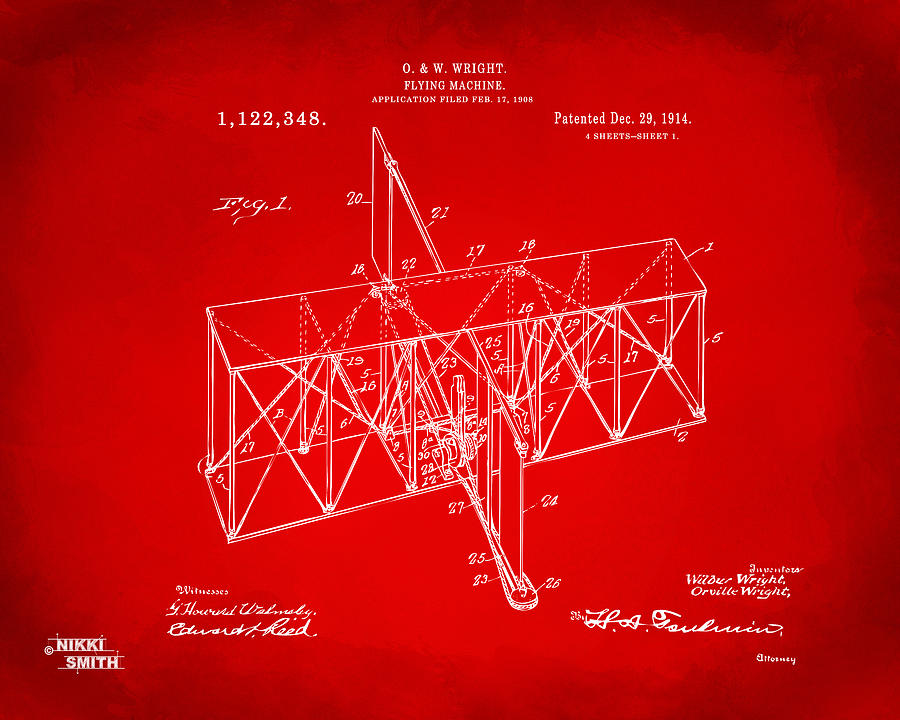 1914 Wright Brothers Flying Machine Patent Red Digital Art by Nikki Marie Smith