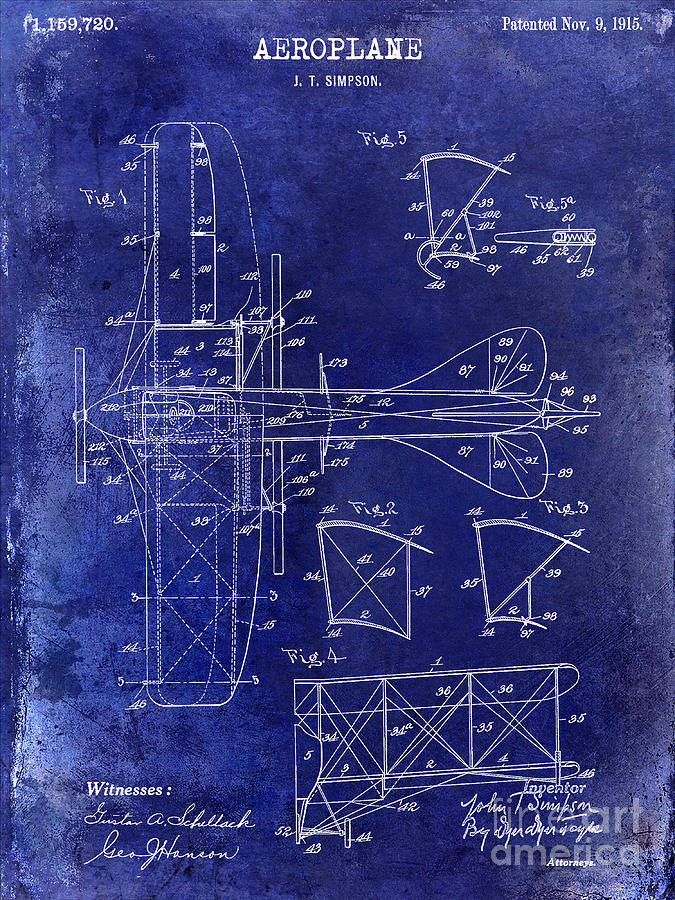 Airplane Photograph - 1915 Aeroplane Patent Drawing Blue by Jon Neidert