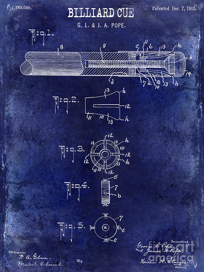 1915 Photograph - 1915 Billiard Cue Patent Drawing Blue by Jon Neidert