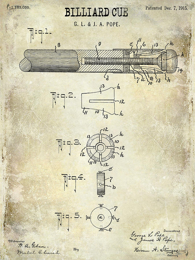 1915 Photograph - 1915 Billiard Cue Patent Drawing  by Jon Neidert