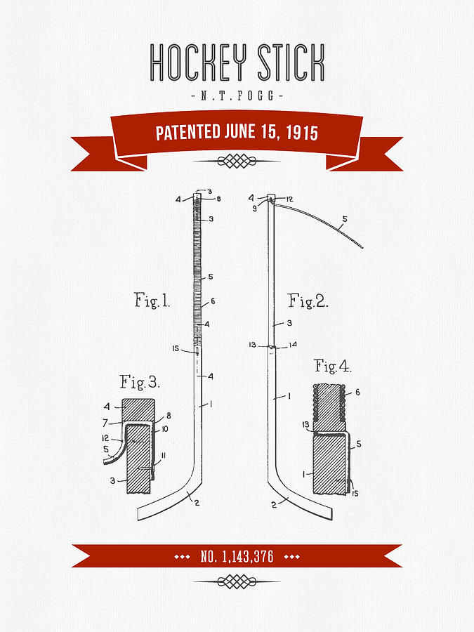 1915 Hockey Stick Patent Drawing - Retro Red Digital Art