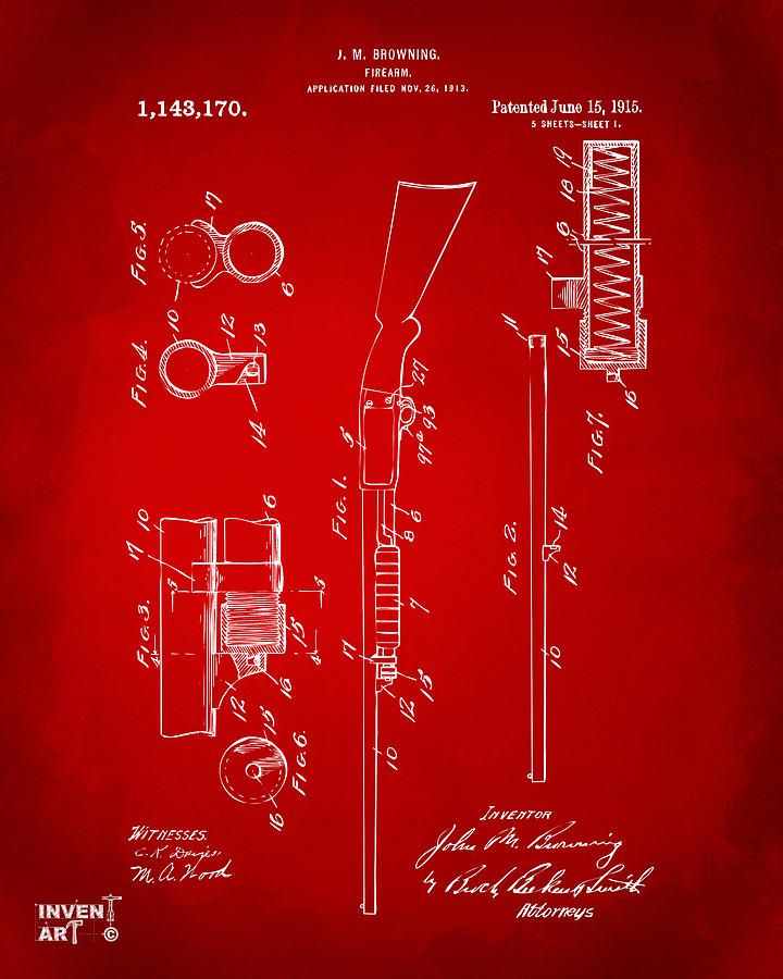 1915 Ithaca Shotgun Patent Red Digital Art by Nikki Marie Smith