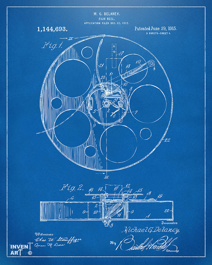 Hollywood Digital Art - 1915 Movie Film Reel Patent Blueprint by Nikki Marie Smith