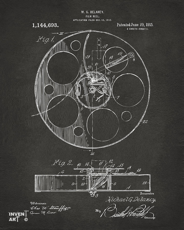 1915 Movie Film Reel Patent Gray Digital Art by Nikki Marie Smith