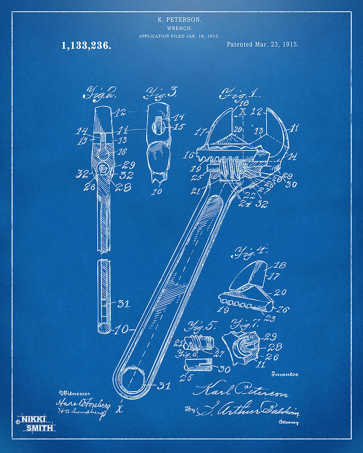 1915 Wrench Patent Artwork - Blueprint Drawing by Nikki Marie Smith