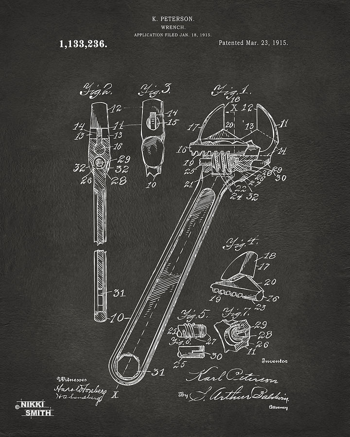 1915 Wrench Patent Artwork - Gray Digital Art by Nikki Marie Smith