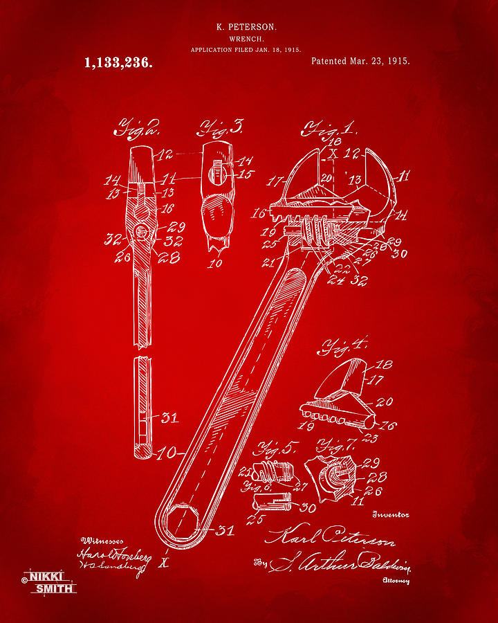 1915 Wrench Patent Artwork - Red Digital Art by Nikki Marie Smith