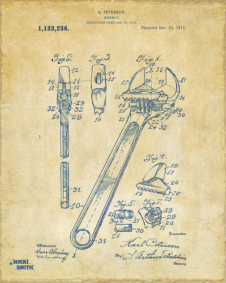 1915 Wrench Patent Artwork - Vintage Drawing by Nikki Marie Smith