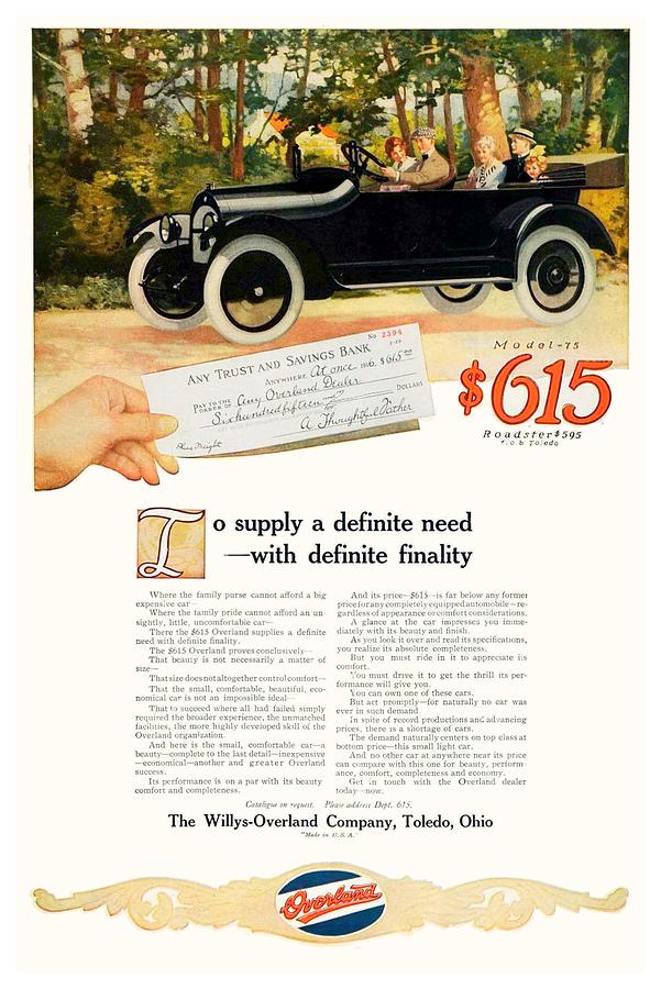 1916 - Willys Overland Roadster Automobile Advertisement - Color Digital Art by John Madison