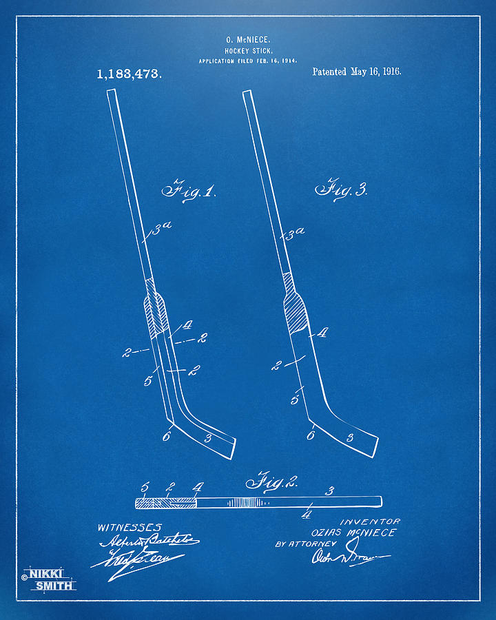 1916 Hockey Goalie Stick Patent Artwork - Blueprint Digital Art by Nikki Marie Smith