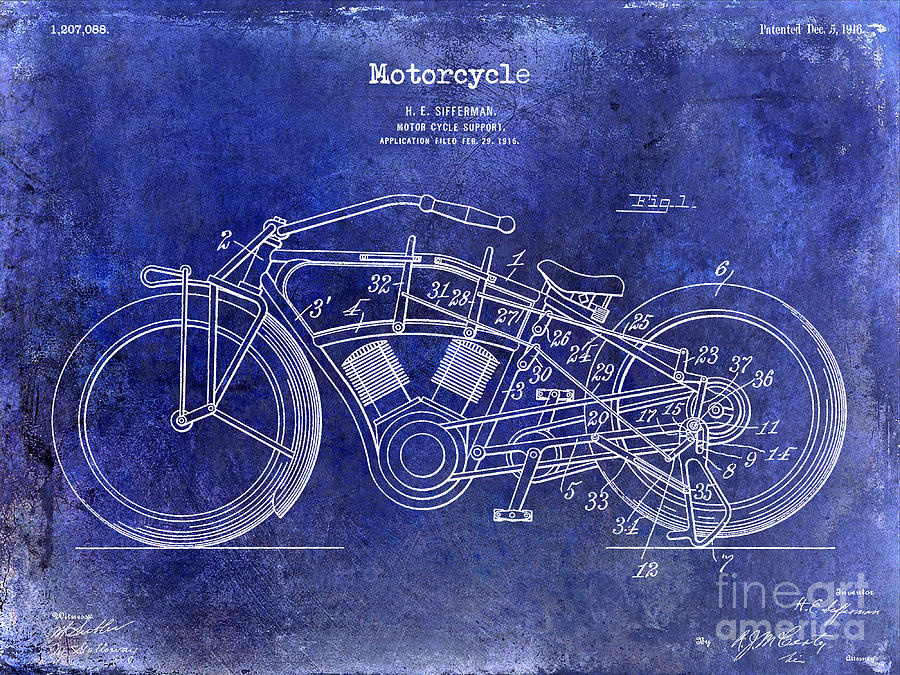 1916 motorcycle Patent Drawing Blue Photograph by Jon Neidert